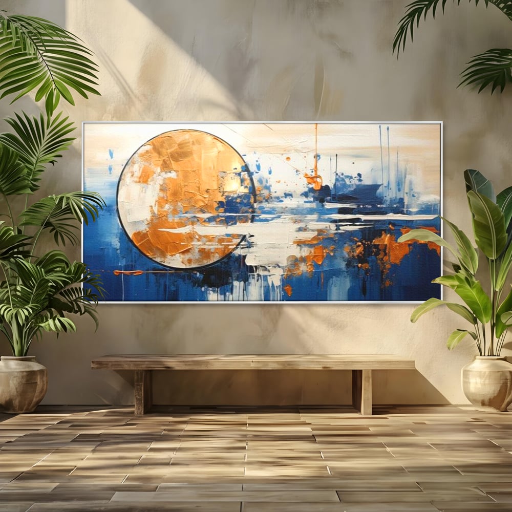 Tablou canvas cu tablou abstract cu luna aurie, in rama de aluminiu argintiu